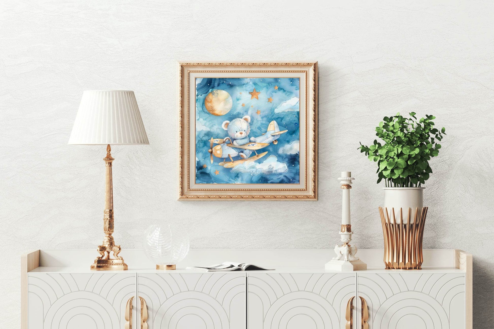 Watercolor Painting of Blue Teddy Flying Aeroplane - beink online art store