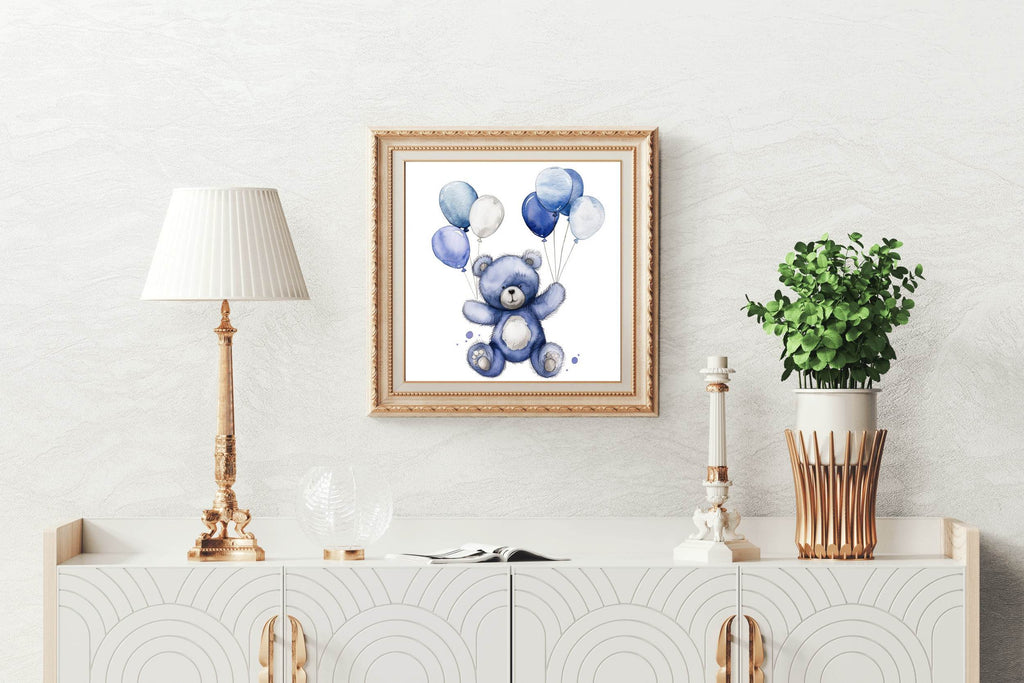 Painting of Purple Teddy Bear holding Balloons - beink online art store