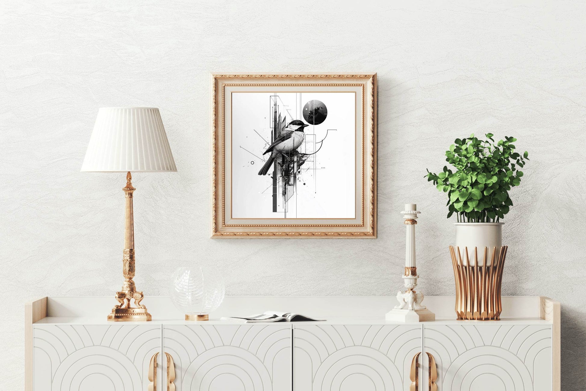 Sketch of Black Bird With Geometrical Shapes Wall Art - beink online art store