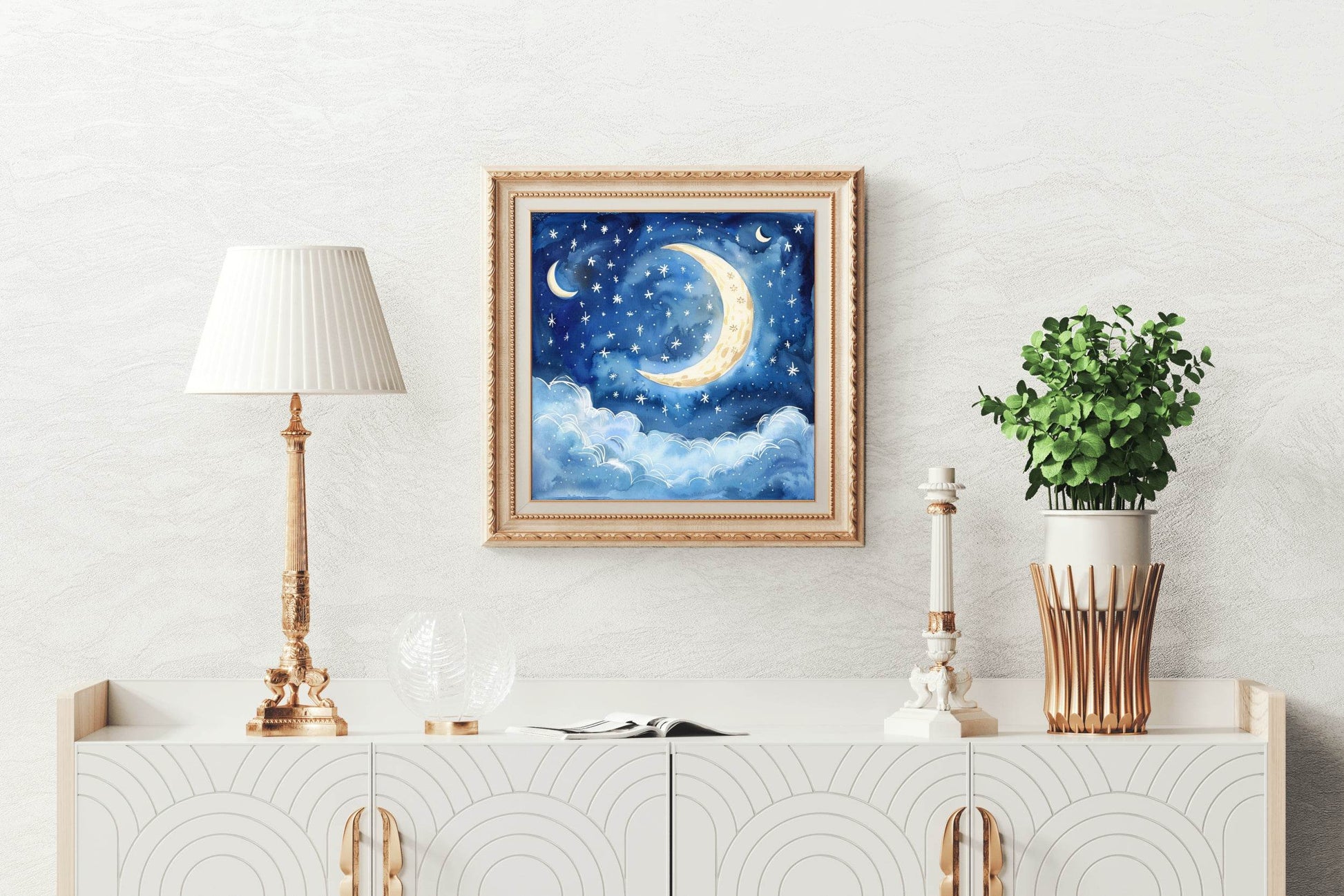 Watercolor Night Sky With Moon And Stars - beink online art store