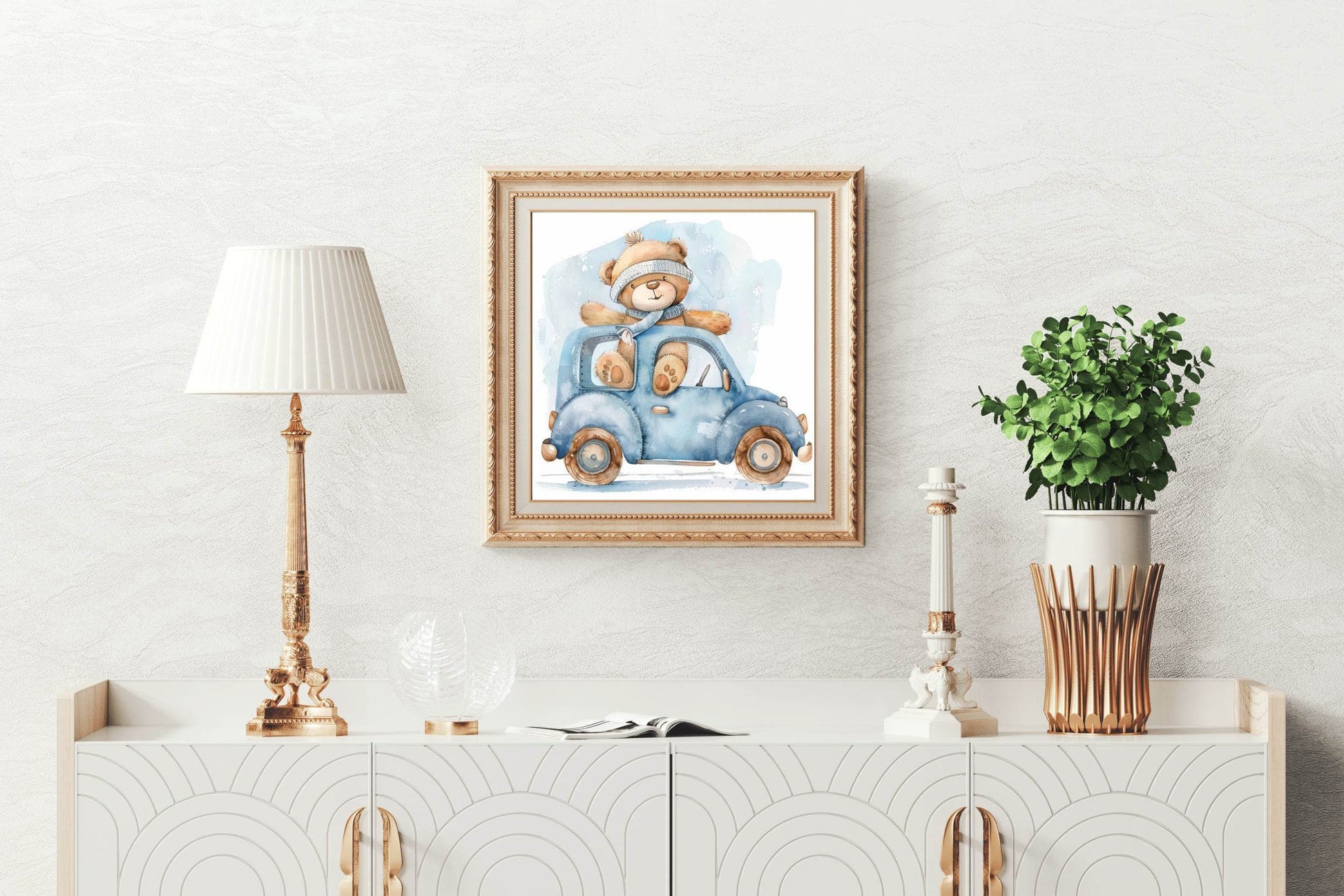 Drawing of Teddy Bear In Blue Car - beink online art store