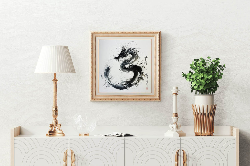 Black Watercolor Chinese Dragon Modern Wall Art - beink online art store