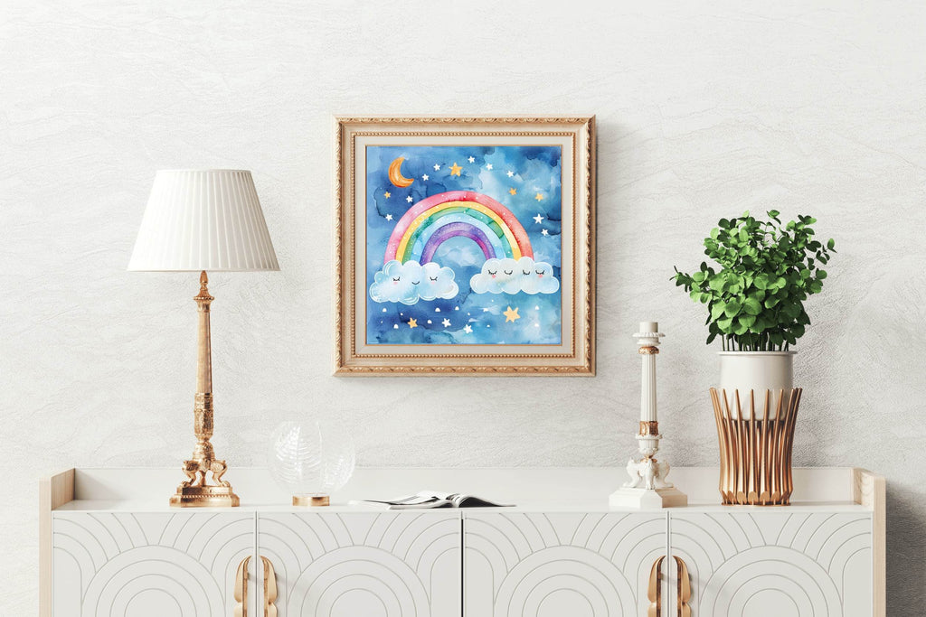 Rainbow and Clouds Watercolor Drawing Wall Art - beink online art store