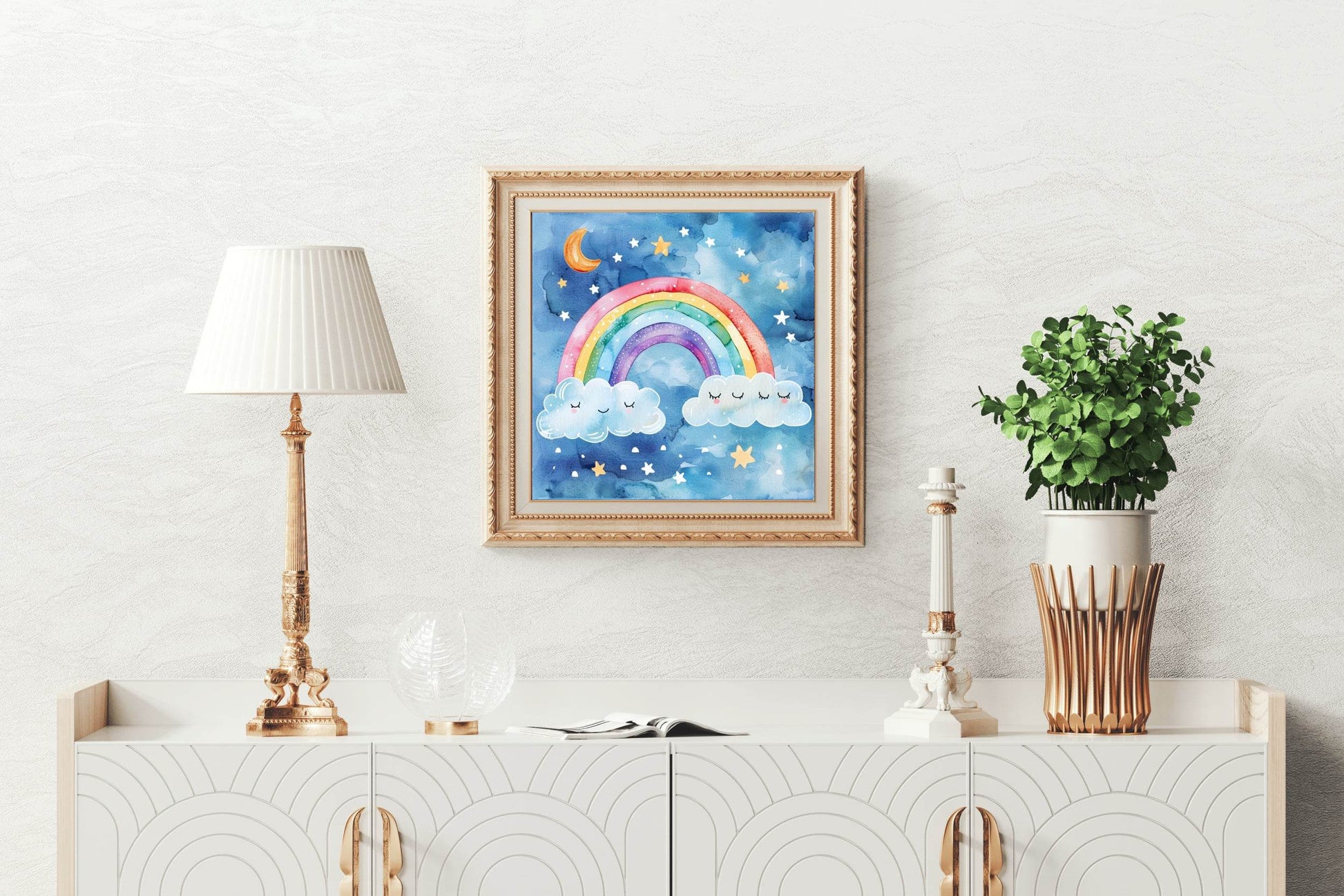 Rainbow and Clouds Watercolor Drawing Wall Art - beink online art store