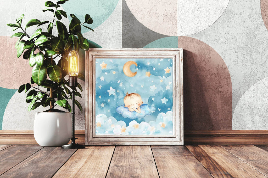 Watercolor Painting of Little Baby Sleeping in Clouds - beink online art store