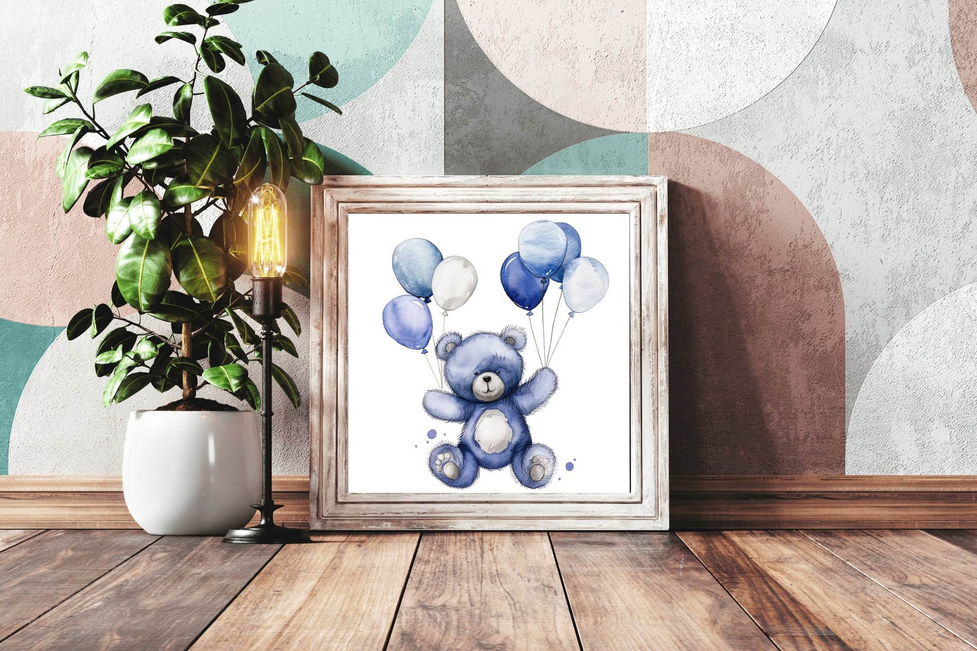 Painting of Purple Teddy Bear holding Balloons - beink online art store