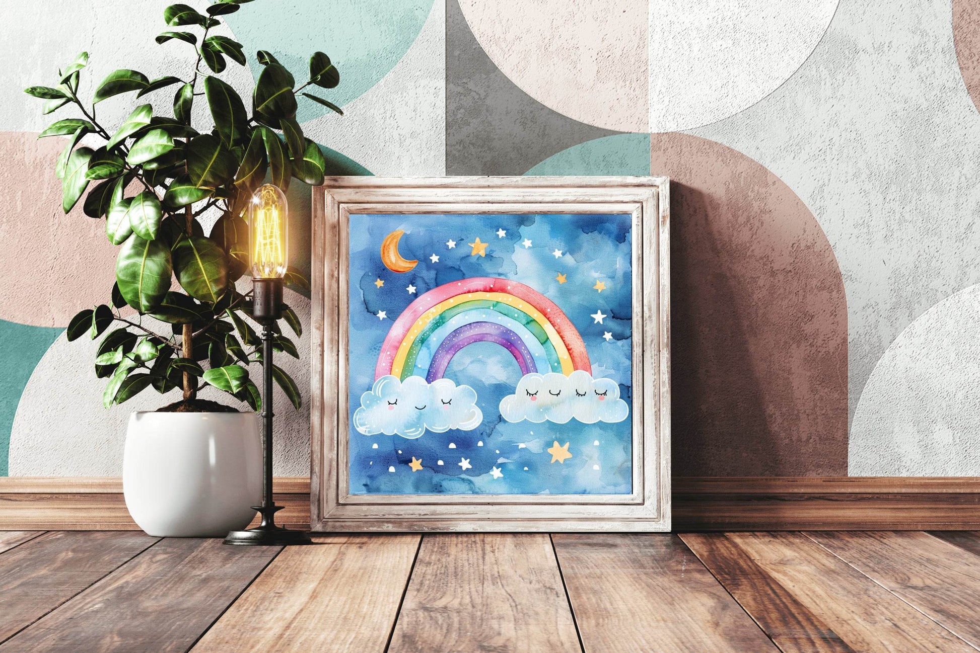 Rainbow and Clouds Watercolor Drawing Wall Art - beink online art store
