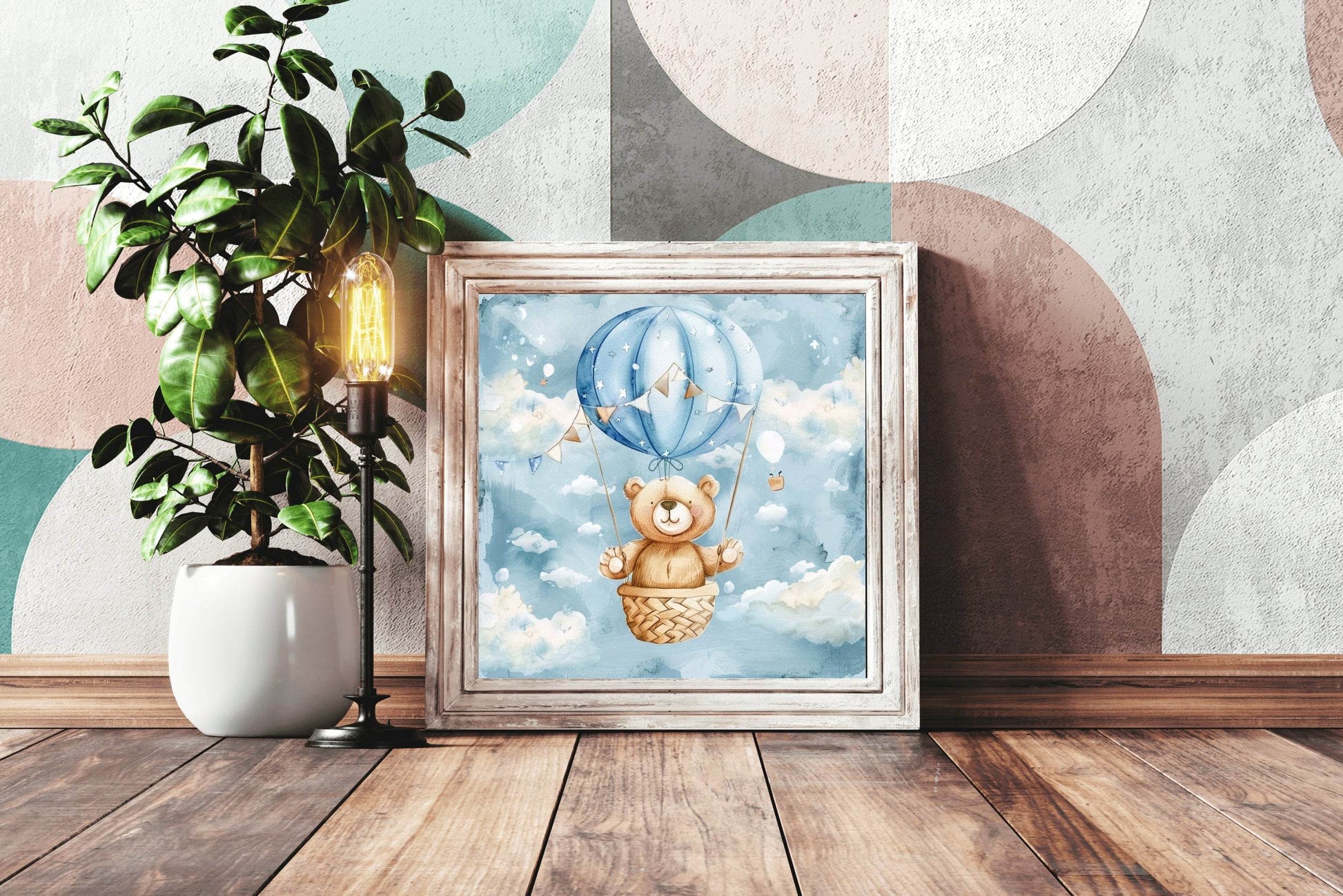 Watercolor Painting of Teddy in Hot Air Balloon - beink online art store