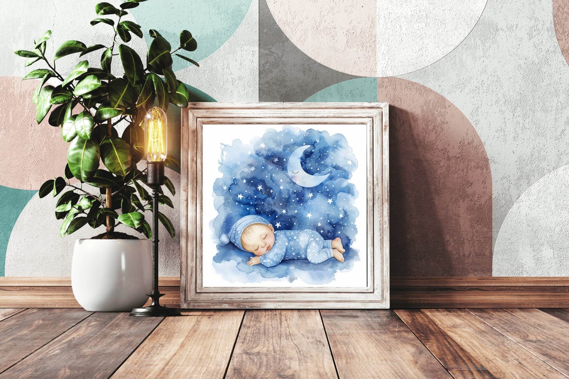 Watercolor Baby Sleeping On The Moon - beink online art store