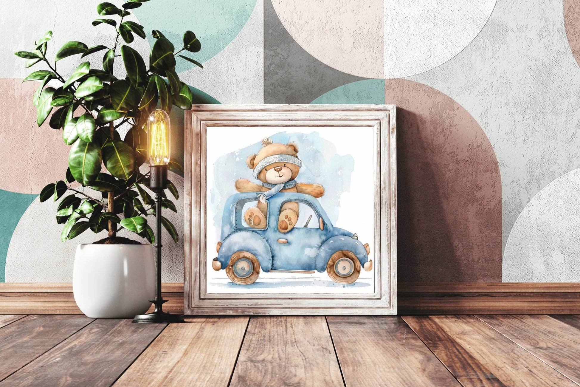 Drawing of Teddy Bear In Blue Car - beink online art store