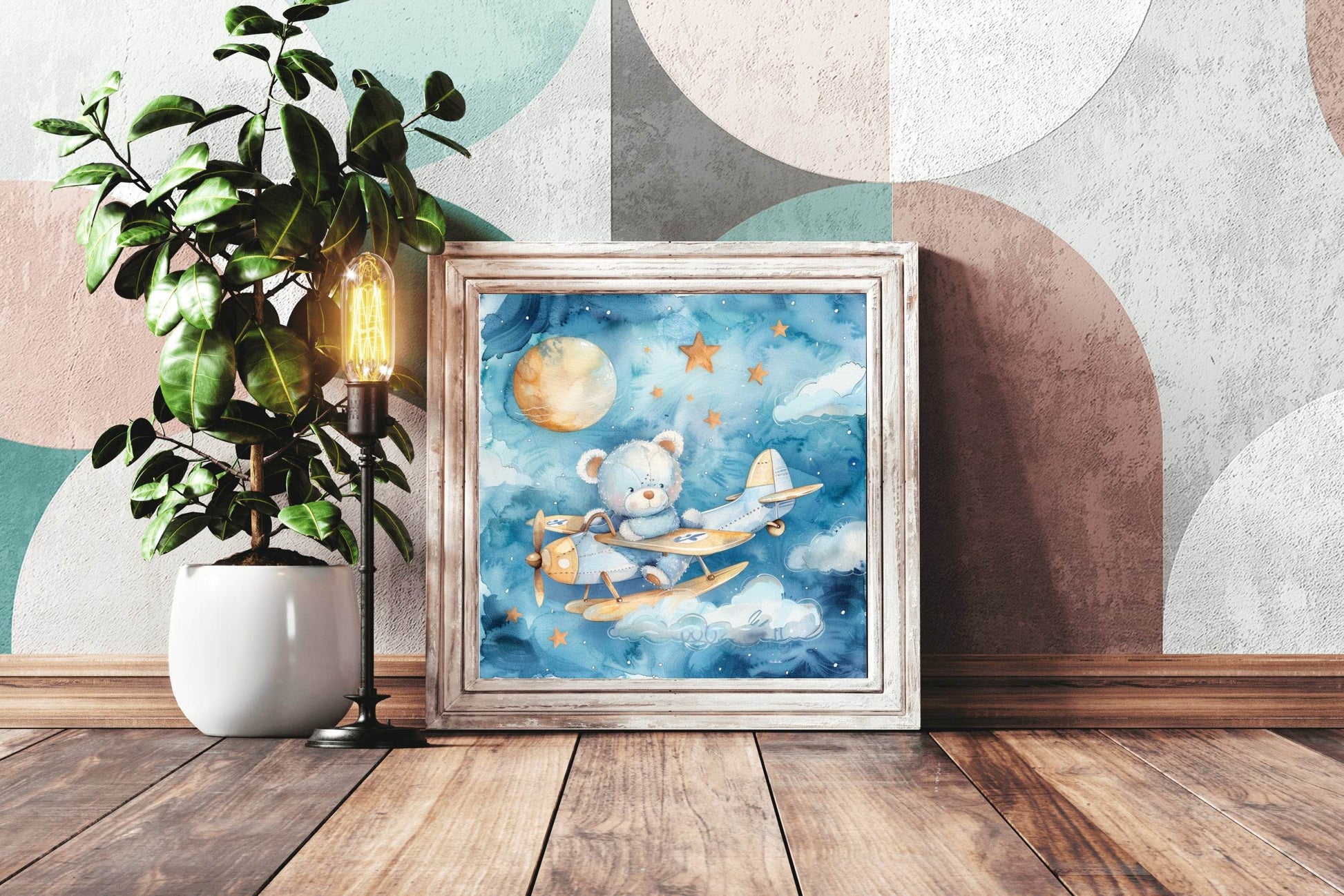 Watercolor Painting of Blue Teddy Flying Aeroplane - beink online art store