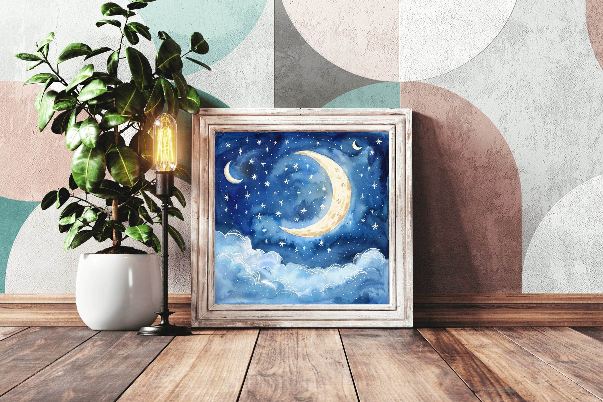 Watercolor Night Sky With Moon And Stars - beink online art store